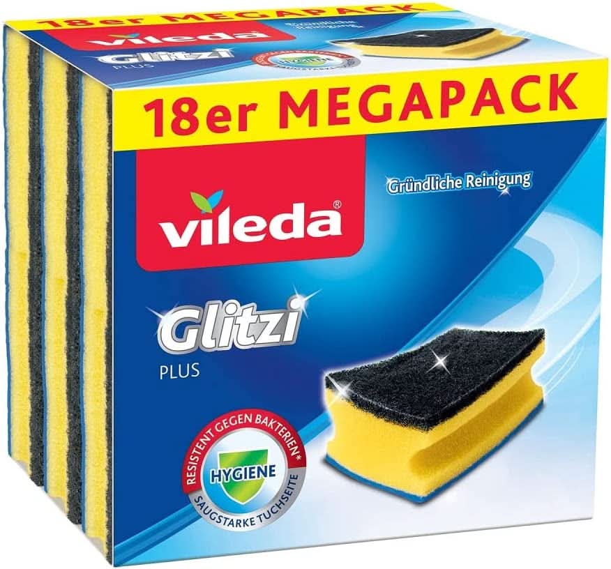 Vileda Glitzi, afwasspons voor in de keuken, met antibacteriële werking, sterk absorberend, verpakking van 18 Naty Shop keukenreinigingsmiddelen