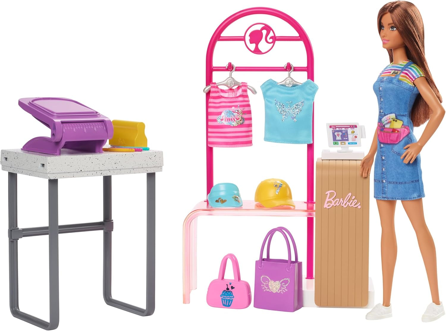 Barbie Fashion Boutique speelset - pop met foliepatroon, meer dan 150 originele looks, inclusief 2 blouses en 5 folievellen, kledingstandaard en creditcardlezer, vanaf 3 jaar, HKT78