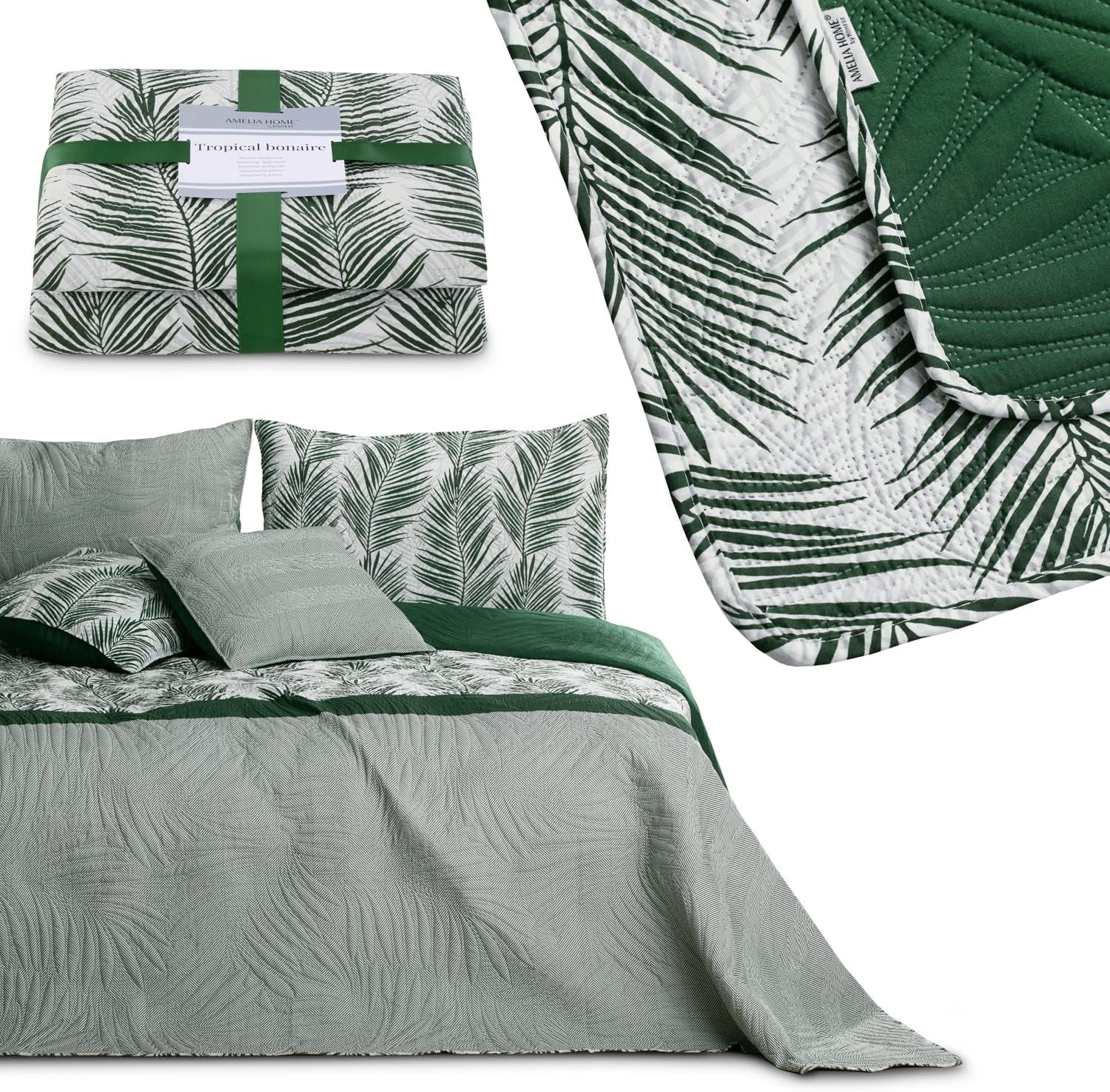 Ameliahome Sprei Sprei 170X210 Cm Dubbelzijdig Onderhoudsvriendelijk Sprei Plantpatroon Groen Wit Tropisch Bonaire Bedden en Dekens Besuche den AmeliaHome-Store