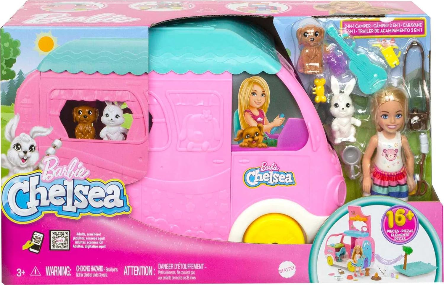 Barbie Chelsea 2-in-1 caravan - speelgoedvoertuig met zwembad, hangmat en eethoek voor fantasierijk spel en verhaaltjes, vanaf 3 jaar, HNH90