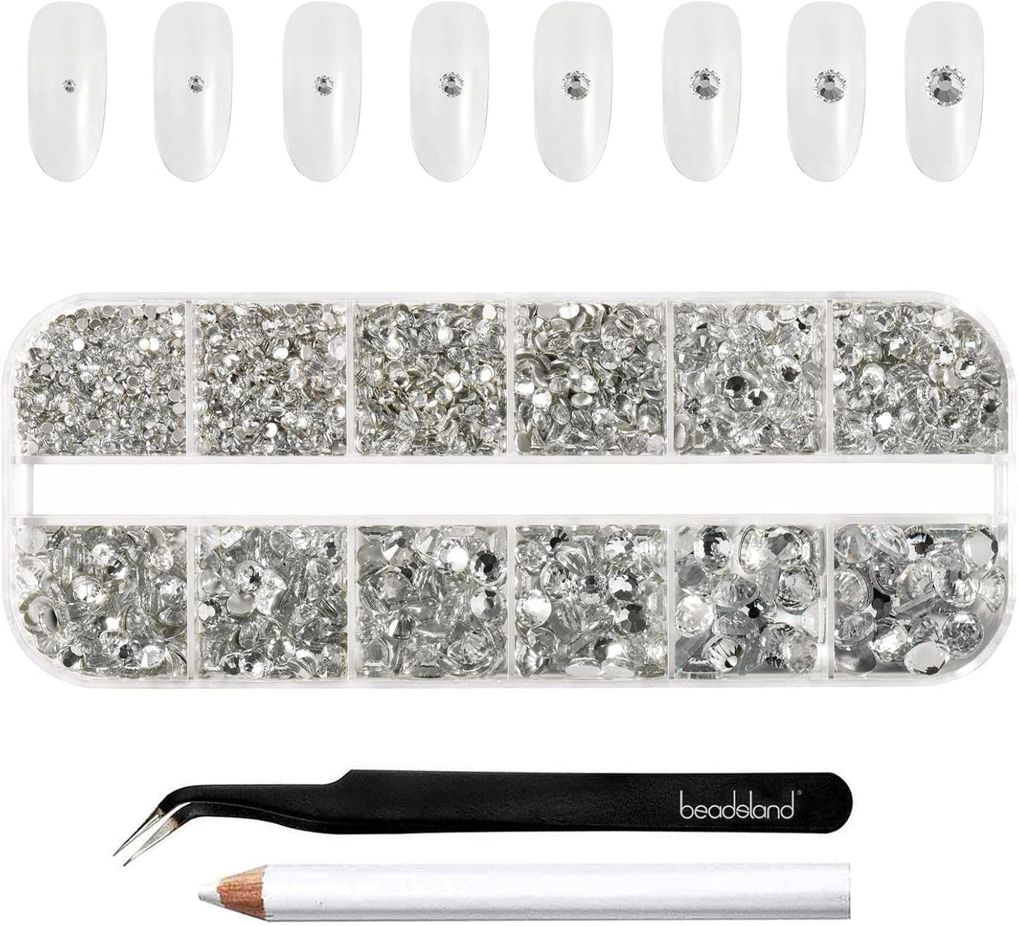 Beadsland 2500 stuks glas Nailart Strasssteine ​​Kristall Flatback Edelsteine ​​Runde, voor handwerk Gemischt 8 Größen SS4 ~ SS30 Mit Picking Pinzette en Stift (Kristall Weiss)