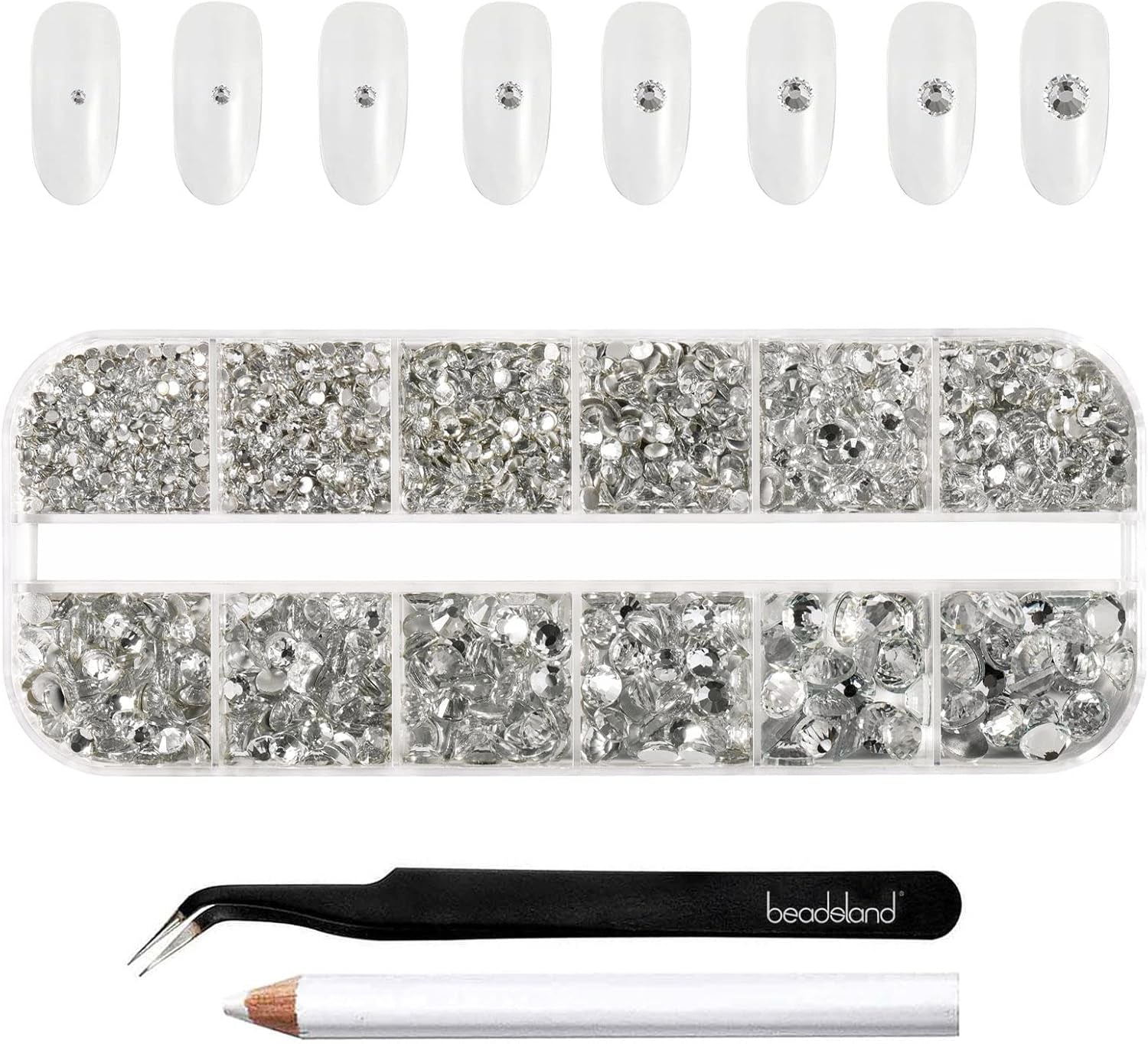 Beadsland 2500 stuks glas Nailart Strasssteine ​​Kristall Flatback Edelsteine ​​Runde, voor handwerk Gemischt 8 Größen SS4 ~ SS30 Mit Picking Pinzette en Stift (Kristall Weiss)