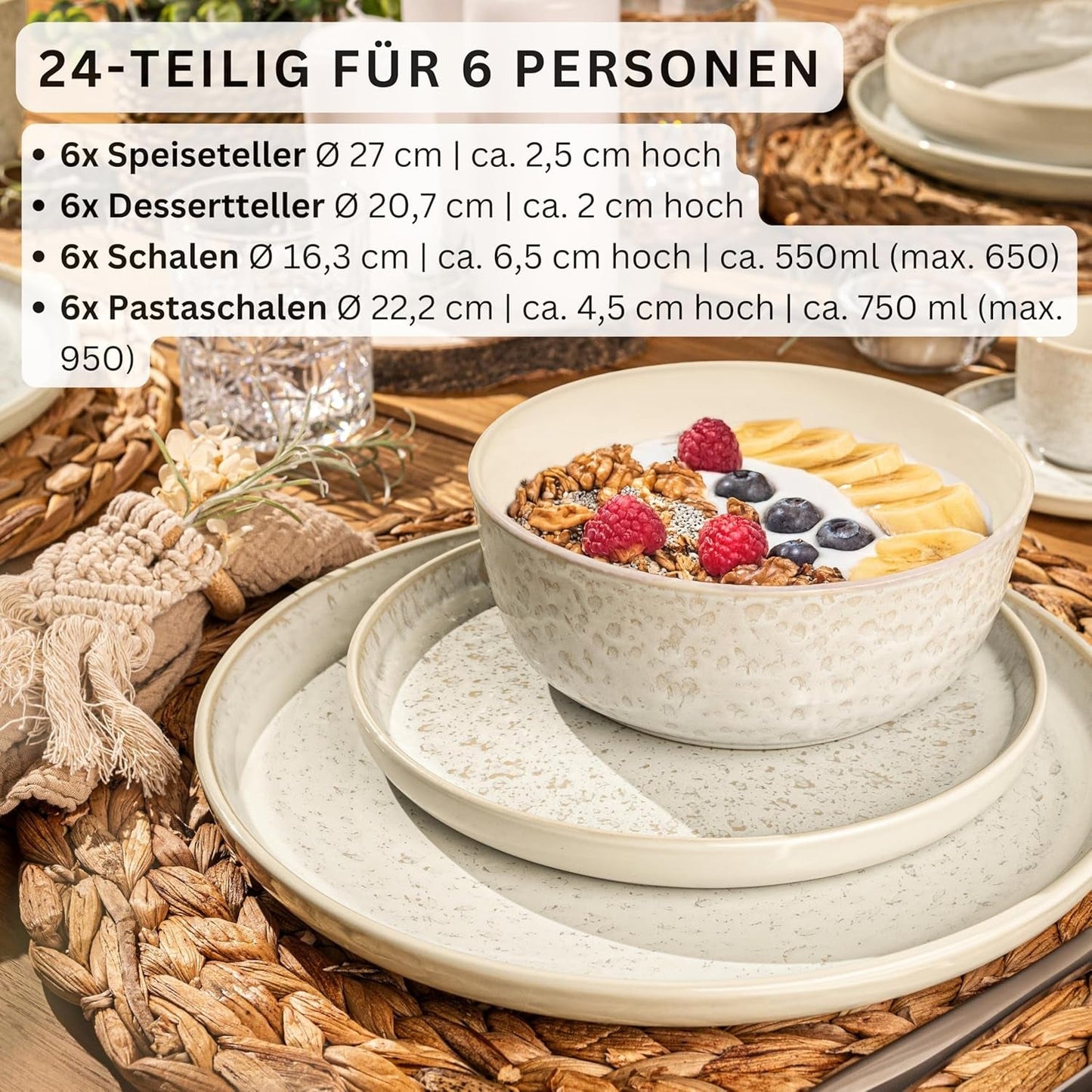 SÄNGER Key West | Serviesset van steengoed 24-delige dinerbordenset voor 6 6 dinerborden Mueslischalen Dessertborden Pastaschalen Crème Serviesgoed met zandtextuur | DE WAARDE-COLLECTIE