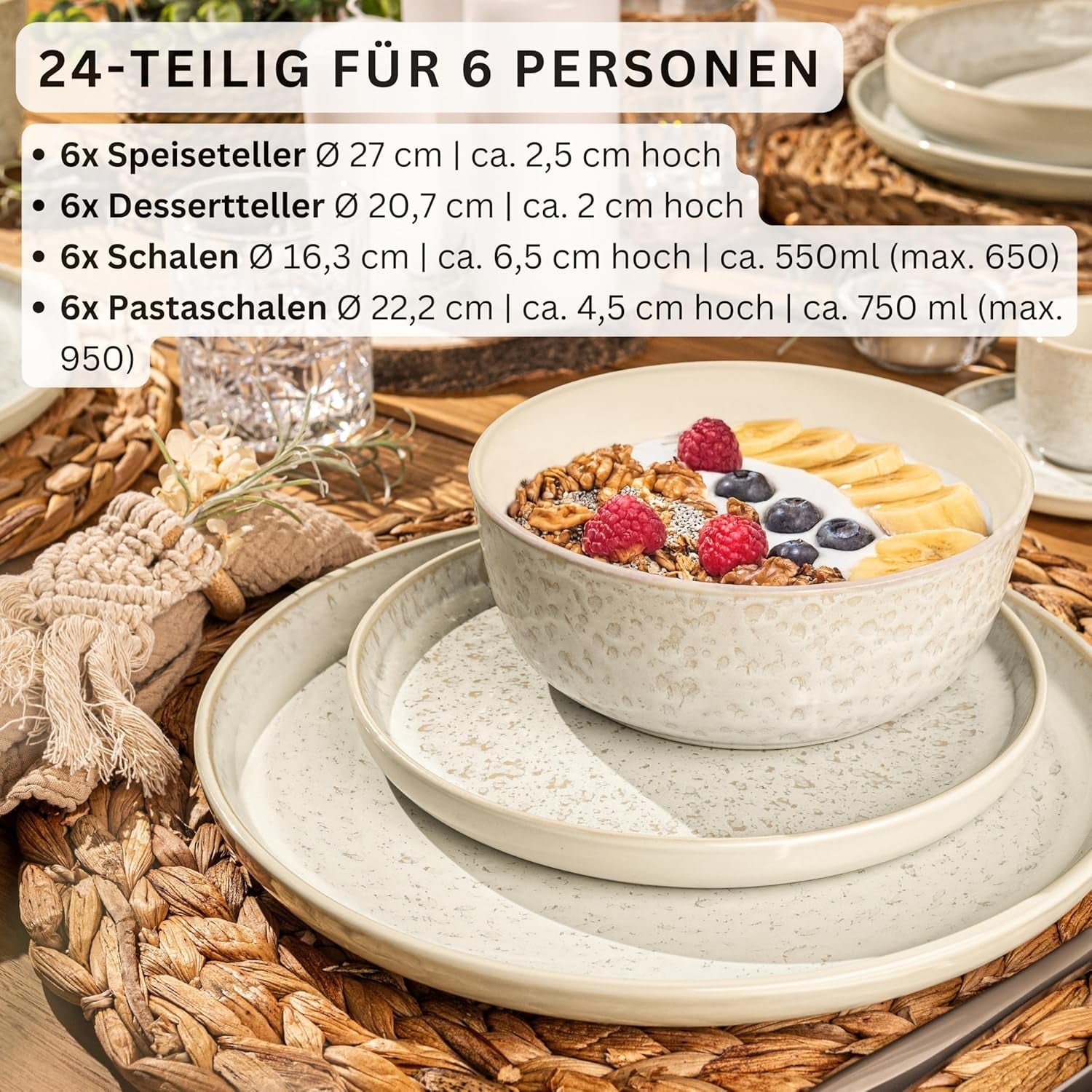 SÄNGER Key West | Serviesset van steengoed 24-delige dinerbordenset voor 6 6 dinerborden Mueslischalen Dessertborden Pastaschalen Crème Serviesgoed met zandtextuur | DE WAARDE-COLLECTIE