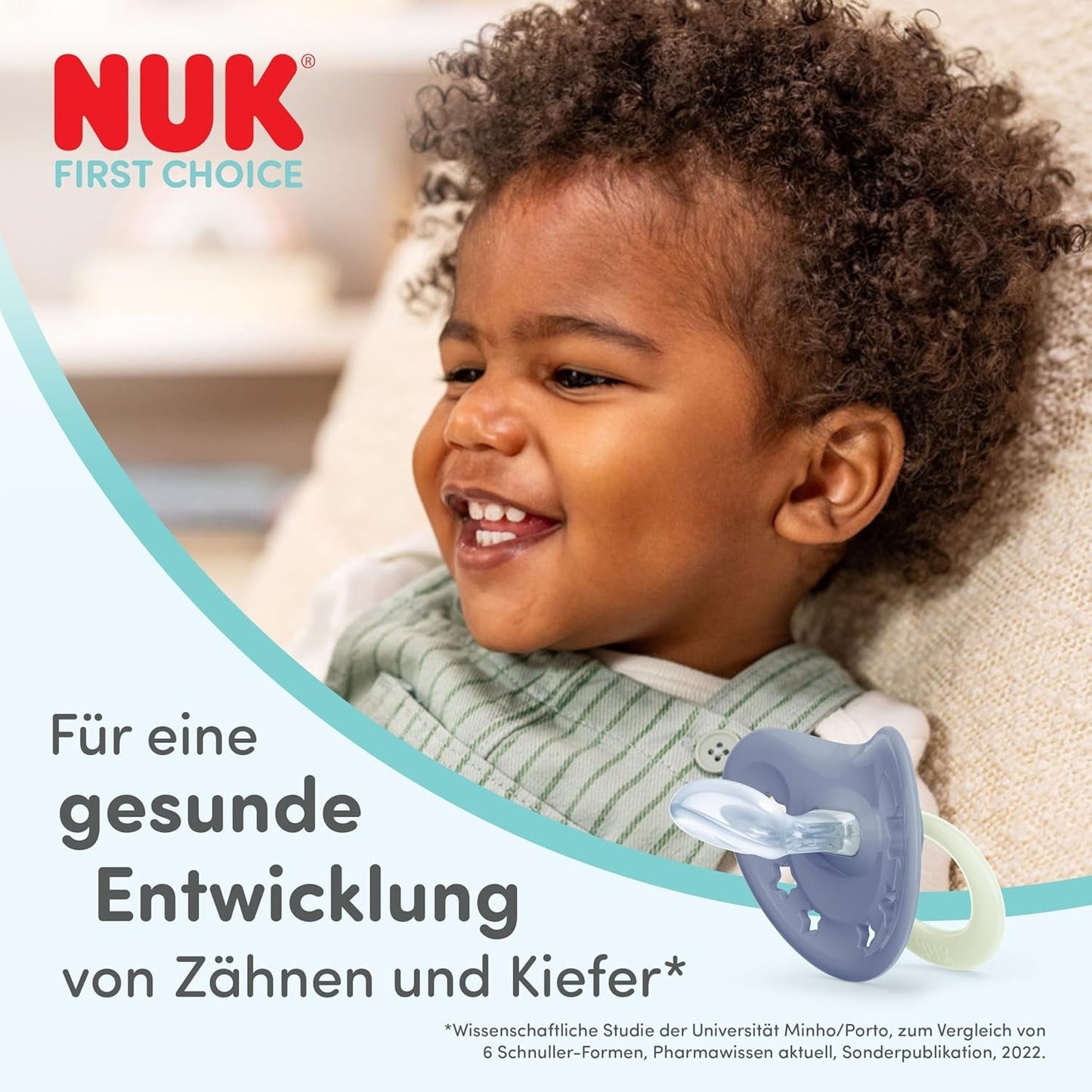 NUK First Choice klassieke dag- en nachtfopspenen voor baby's | 6-18 maanden | Orthodontische fopspenen die oplichten in het donker | 95% acceptatie door baby's** | Blauw | Pak van 2