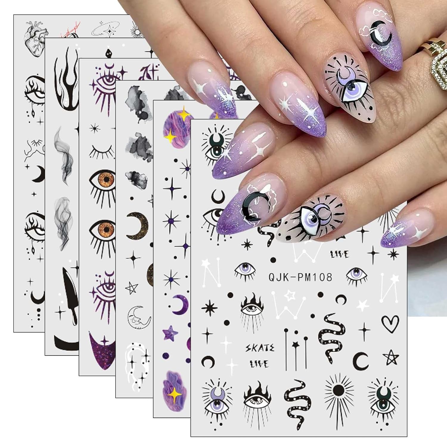 Jmeowio Nagelsticker Mond Stern Sonne 9 Blatt Nail Art Sticker Selbstklebend Nagelaufkleber Bunte Decoratie Nageldesign Zubehör
