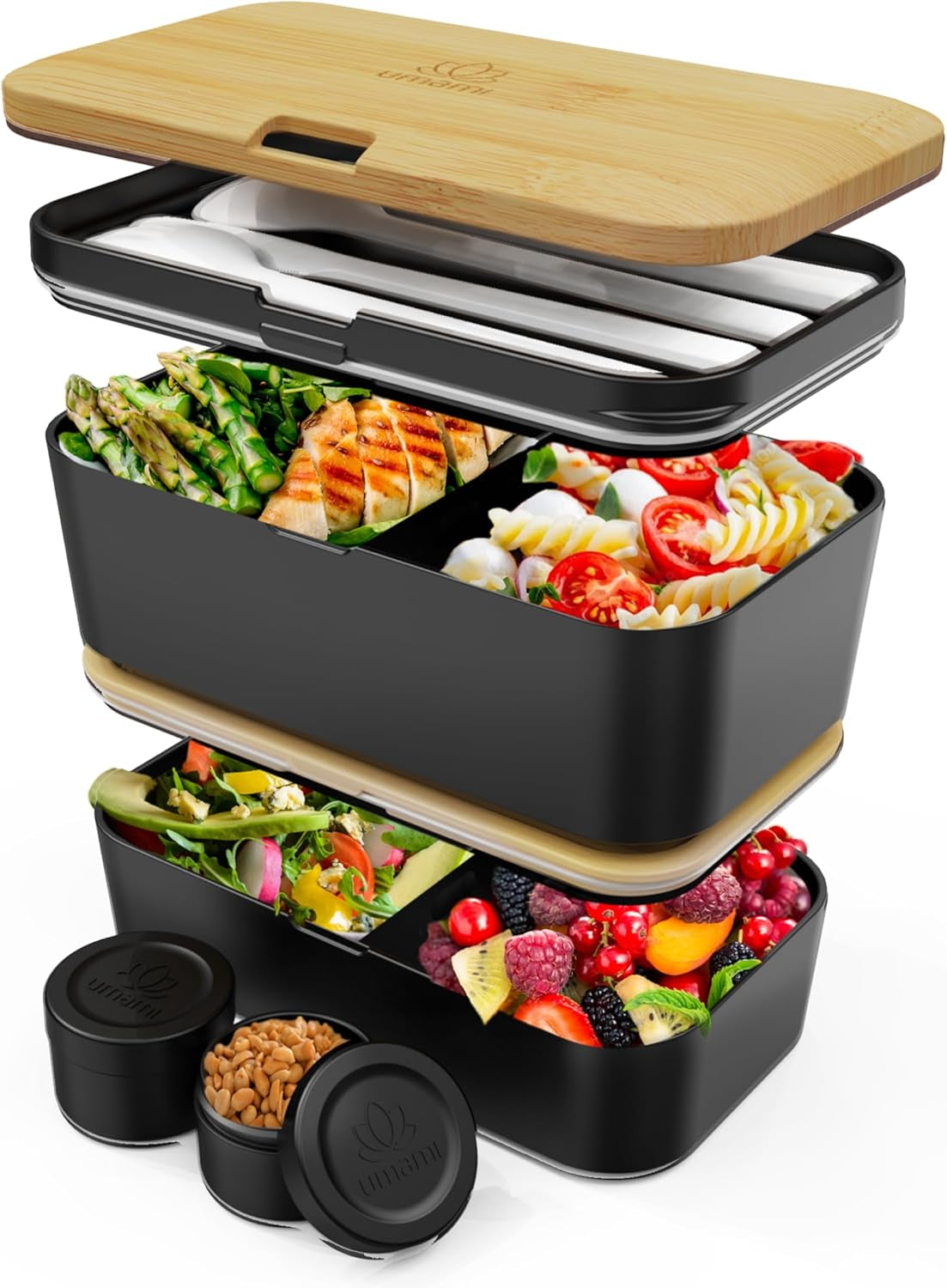 Umami lunchbox voor volwassenen, lekvrije stapelbare bentobox met 4 bestek en vakken, lunchbox voor volwassenen, saladecontainer voor onderweg, picknick-/kantoorlunchbox, houtskoolgrijs, 1500 ml