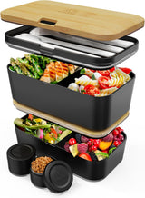 Umami lunchbox voor volwassenen, lekvrije stapelbare bentobox met 4 bestek en vakken, lunchbox voor volwassenen, saladecontainer voor onderweg, picknick-/kantoorlunchbox, houtskoolgrijs, 1500 ml