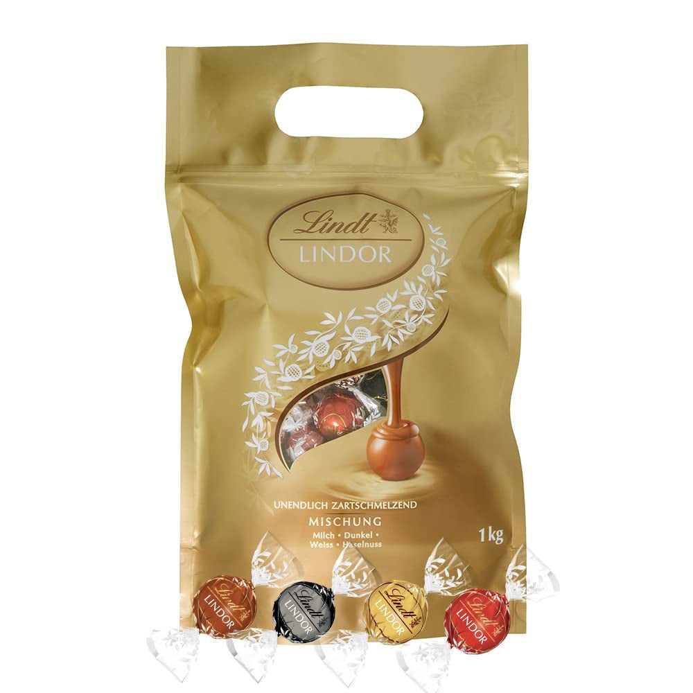 Chocolademix LINDOR | 1371 gram | Ongeveer. 109 bolletjes: Klassieke mix voor melkchocoladebolletjes en LINDOR | Ongeveer. 80 chocoladebolletjes (melk, wit, puur 60%, hazelnoot) | Grootverpakking, 1 kg