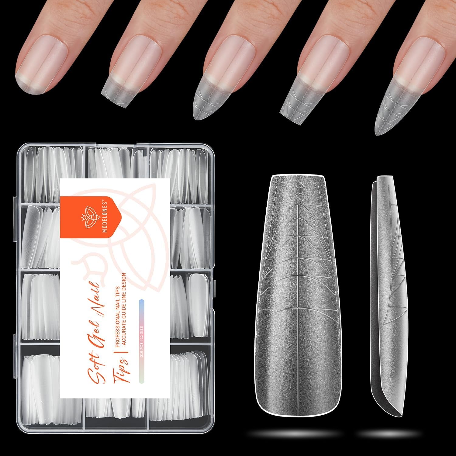 Modelones nageltips 216 stuks - volledige dekking nageltips set, zachte gel tips set, pre-polijsten PMMA hars nageltips, doe-het-zelf lijm op nail art kunstnagels, korte amandelen XS