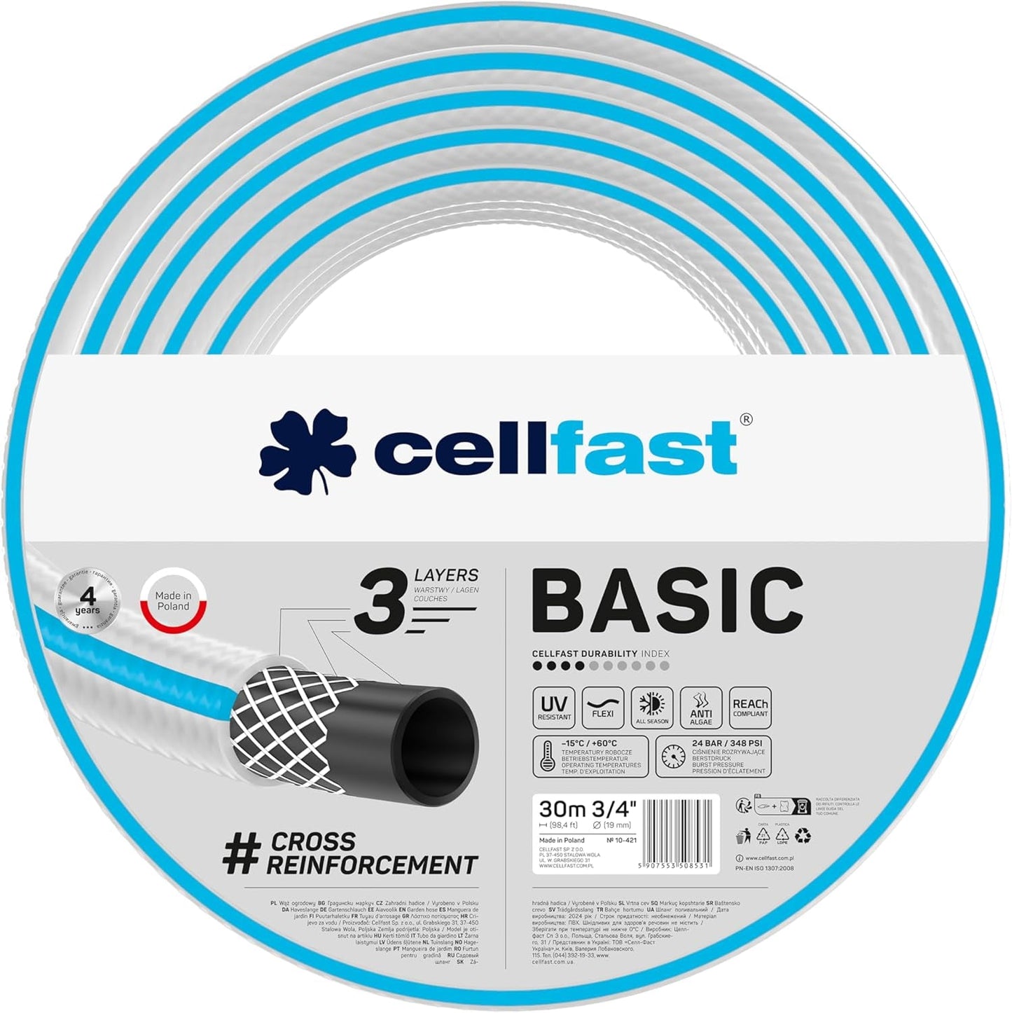 CELLFAST tuinslang, 3-laags tuinwaterslang, duurzame draadversterkt, flexibele irrigatieslang, UV-bestendig, anti-algen, 3,4 inch, 20 meter lengte