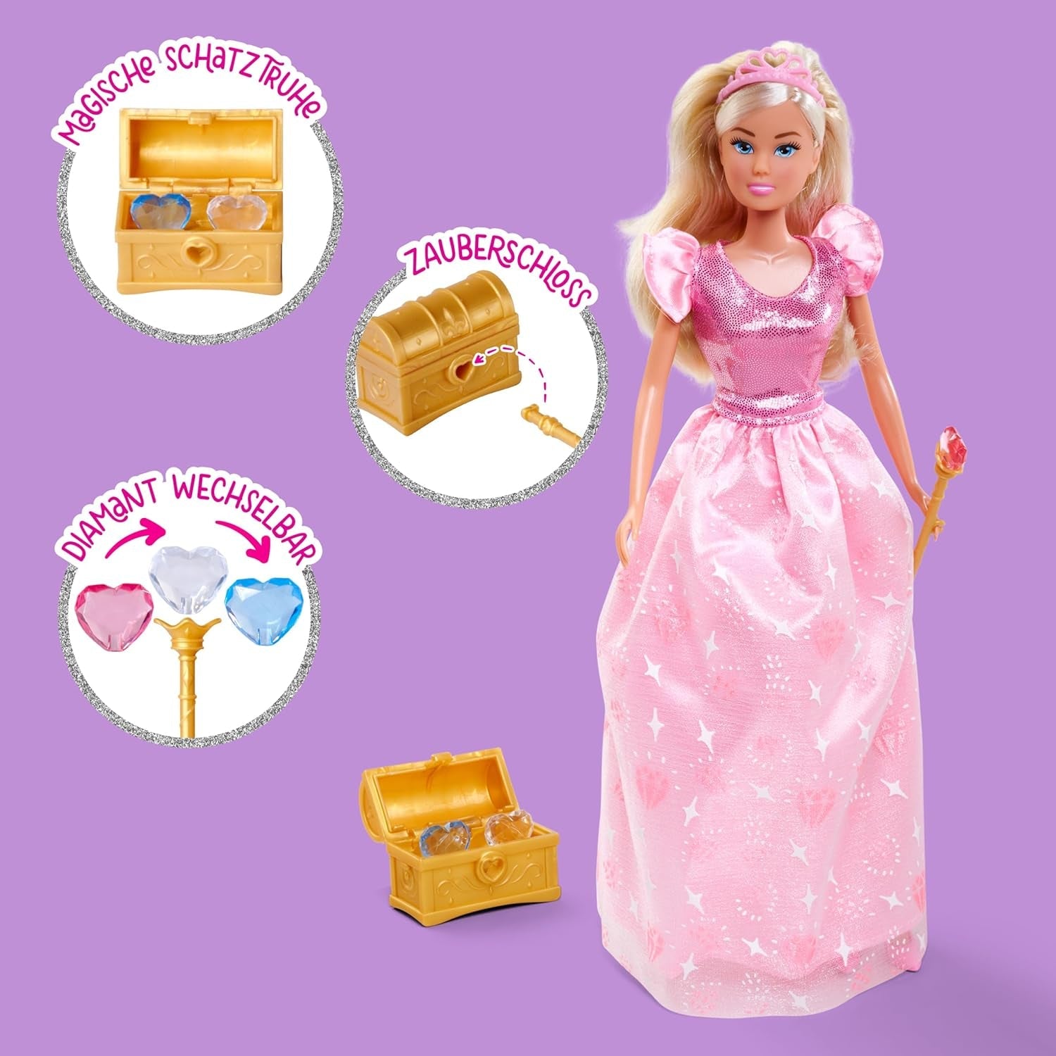 Simba Steffi Love Princess Diamanten prinses speelpop met magische schatkist, scepter en diamanten, 29 cm, vanaf 3 jaar