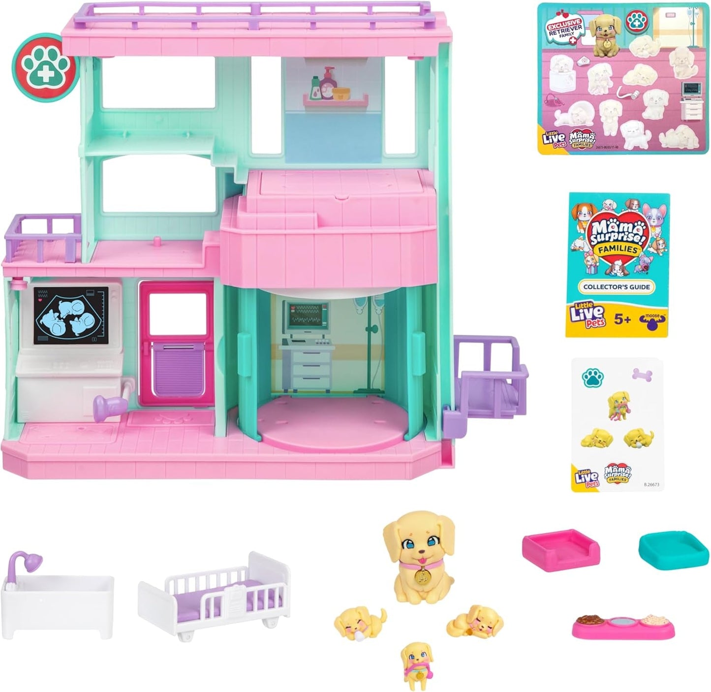 Little Live Pets Mama Surprise Families Baby Clinic-speelset, inclusief 3 retriever-pups, magische, dubbelzijdige speelset (27,8 cm breed, 23,8 cm hoog). Voeden, baden en spelen, cadeau voor kinderen Actiefiguren Naty Shop
