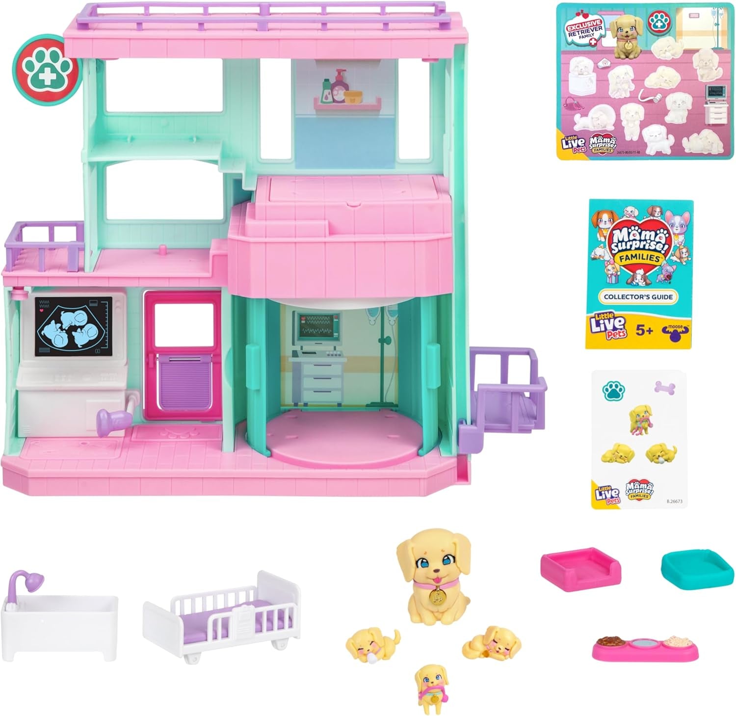 Little Live Pets Mama Surprise Families Baby Clinic-speelset, inclusief 3 retriever-pups, magische, dubbelzijdige speelset (27,8 cm breed, 23,8 cm hoog). Voeden, baden en spelen, cadeau voor kinderen Actiefiguren Naty Shop