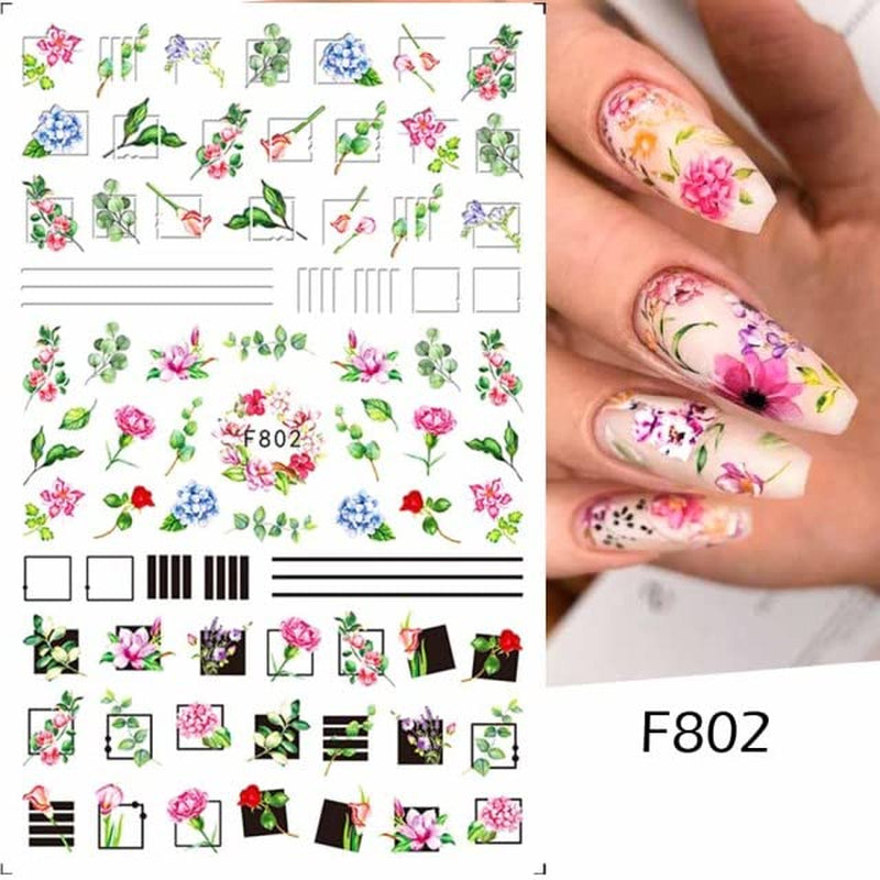 JMEOWIO Nagelsticker Frühling Blumen 10 Blätter Nagelaufkleber Selbstklebend Nail Art Decoratie Nageldesign Zubehör Für Frauen Mädchen