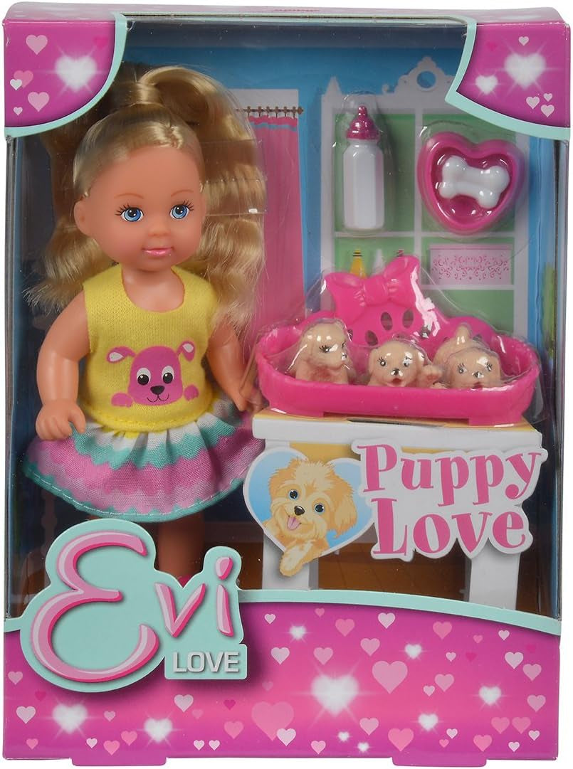 Simba 105733041 - Evi Love Puppy Love met DRIE puppy's, met hondenhuis en accessoires, modepop, 12 cm, voor kinderen vanaf 3 jaar