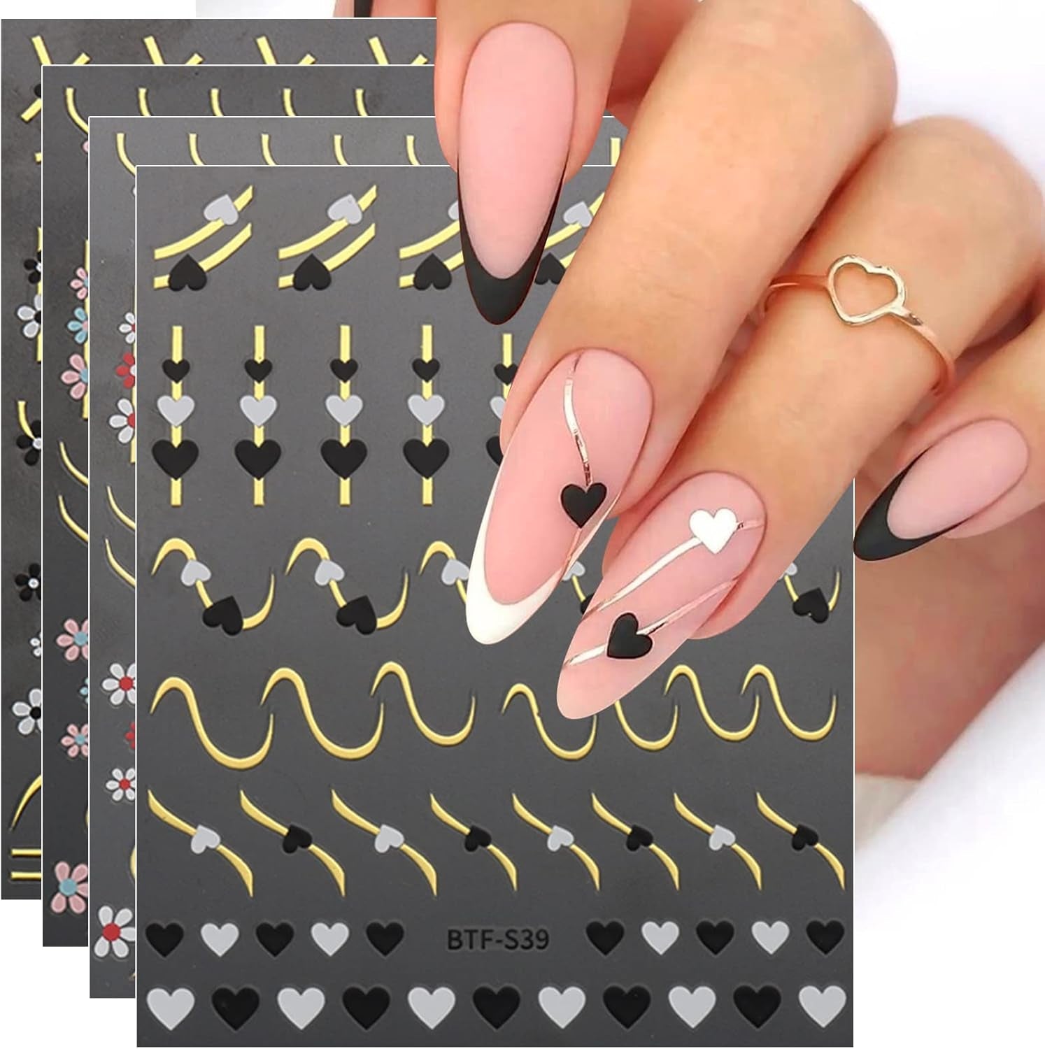 JMEOWIO Nagelsticker Herz Linien Blumen 9 Blatt Nail Art Sticker Selbstklebend Nagelaufkleber Bunte Decoratie Nageldesign Zubehör