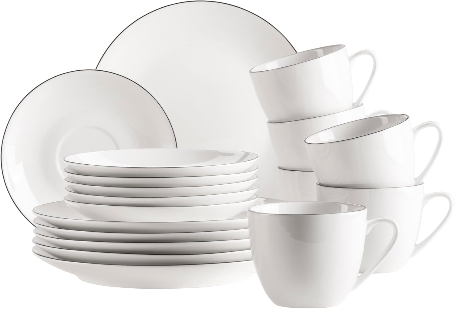 MÄSER Felise serie, elegant koffieservies voor 6 personen, tijdloos, zwarte rand, porselein, wit