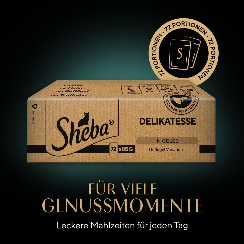 SHEBA Kattennatvoer - 72 zakjes x 85g - Gevogeltevariant in gelei - Kattennatvoer - 1 grootverpakking