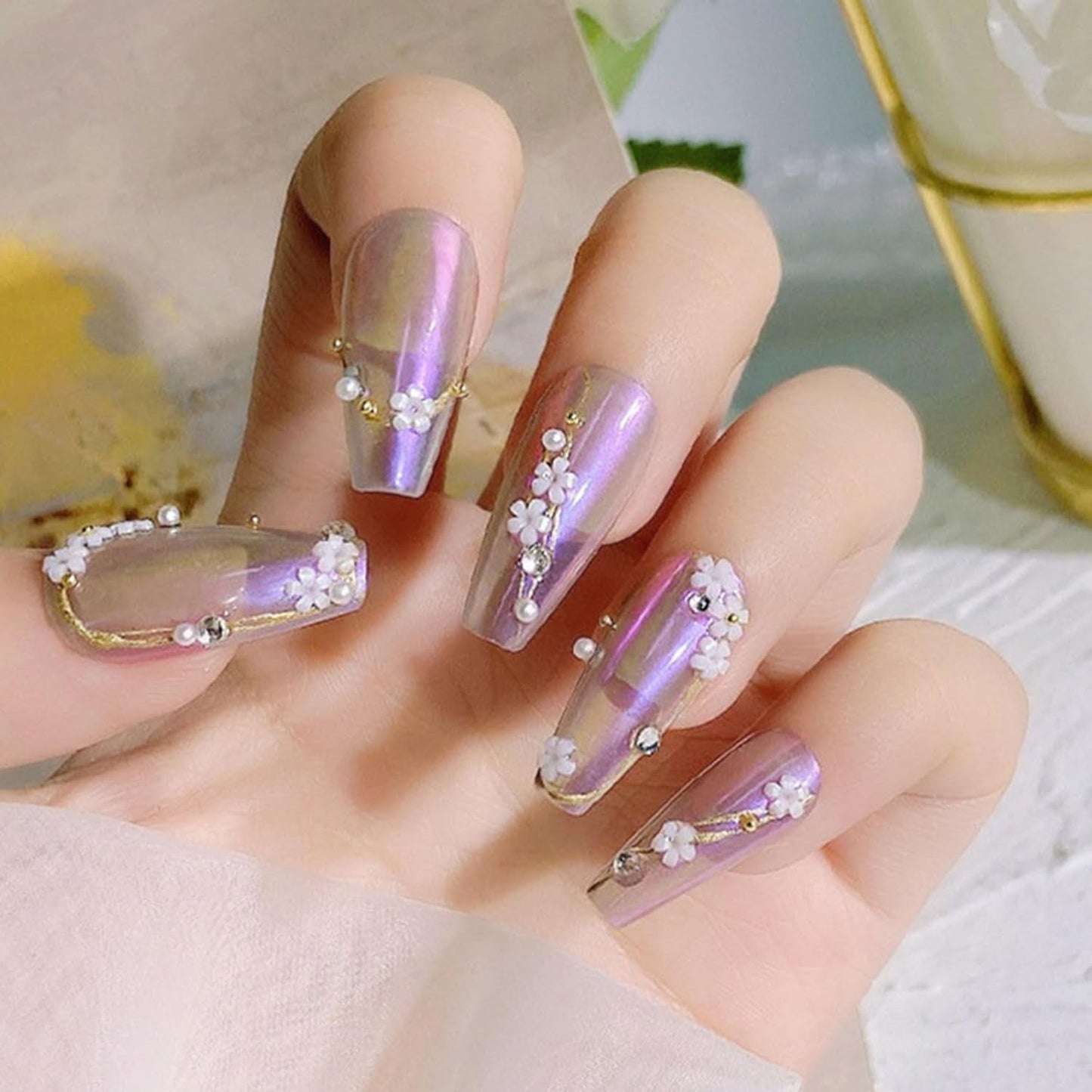 3D bloem nagelbedels, 12 rasters acrylhars bloem en goud zilveren kralen nagelstenen, bloem gelnagels, bloem nageldecoraties voor vrouwen en meisjes, doe-het-zelf-manicure-accessoires