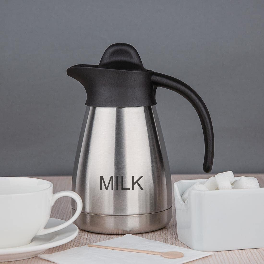 Olympia vacuümmelkmok met schroefdop, 500ml/17oz, roestvrij staal met zwarte deksel, melkprint op de zijkant, buffetstations voor thee en koffie, CL371