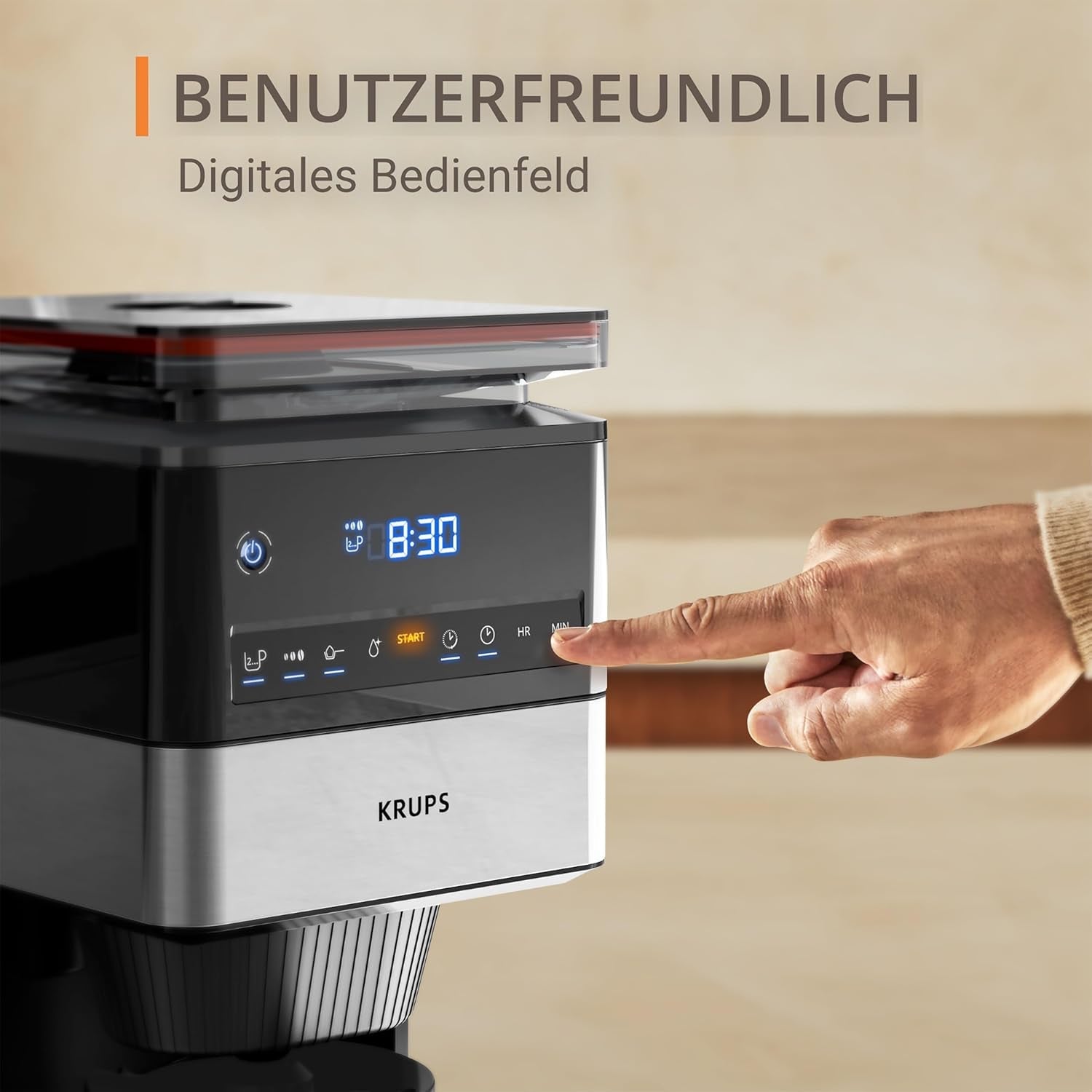 KRUPS Grind Aroma XL espressomachine, afneembare conische molen, digitaal bedieningspaneel, XL-capaciteit (1,5 l), warmhoudfunctie, glazen karaf, zwart/roestvrij staal, KM842810