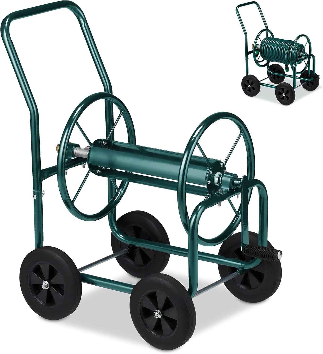 Relaxdays Slangenwagen Tot 60m 4 Massief Rubberen Banden Klikkoppeling Metalen Slanghaspel Slangdispenser Groen