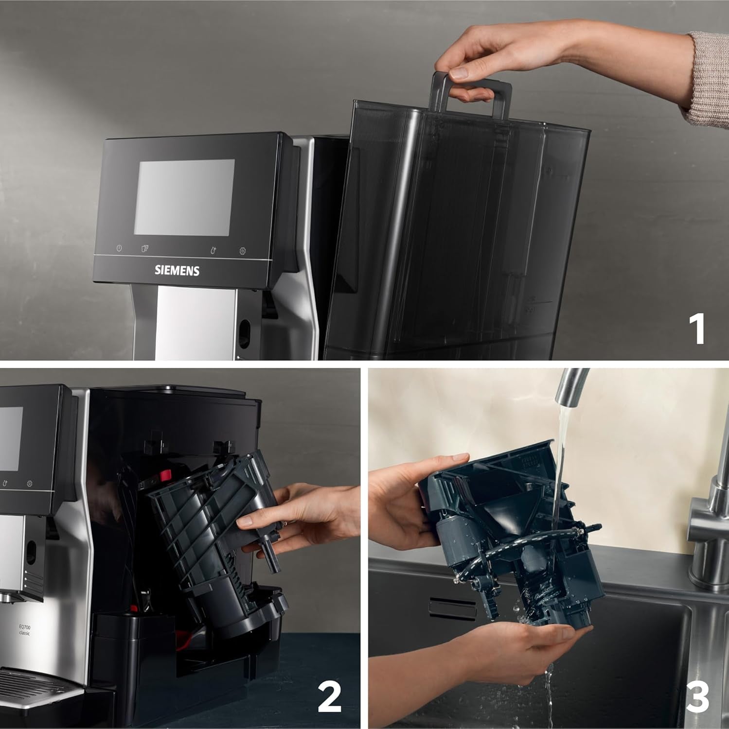 Automatische espressomachine Siemens EQ700 classic TP715D01, app-bediening, cold brew, intuïtief touchdisplay, tot 10 individuele koffiecreaties als favoriet, automatische stoomreiniging, 1500 W, zilvergrijs