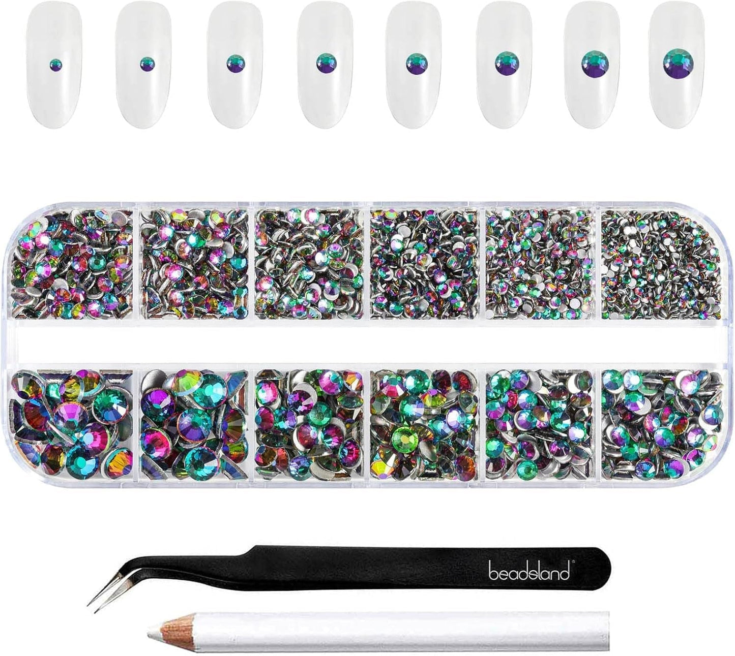 Beadsland 2500 stuks glas Nailart Strasssteine ​​Kristall Flatback Edelsteine ​​Runde, voor handwerk Gemischt 8 Größen SS4 ~ SS30 Mit Picking Pinzette en Stift (Kristall Weiss)