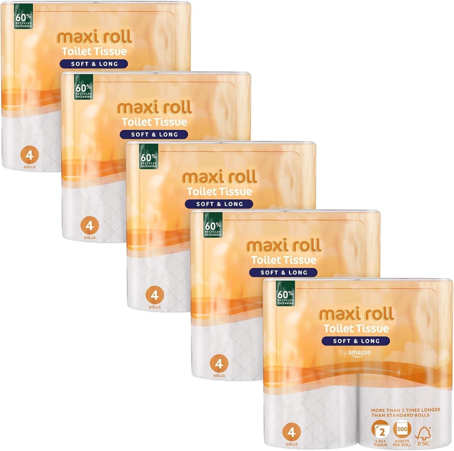 By Amazon Toiletpapier (maxirol), 2-laags, gewatteerd, zacht en delicaat, 20 rollen (5 verpakkingen van 4), 500 tranen per rol, Fsc-gecertificeerd