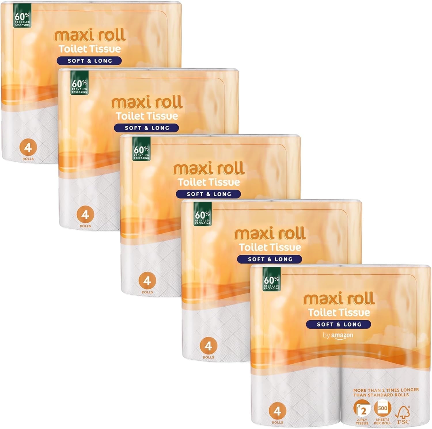 By Amazon Toiletpapier (maxirol), 2-laags, gewatteerd, zacht en delicaat, 20 rollen (5 verpakkingen van 4), 500 tranen per rol, Fsc-gecertificeerd
