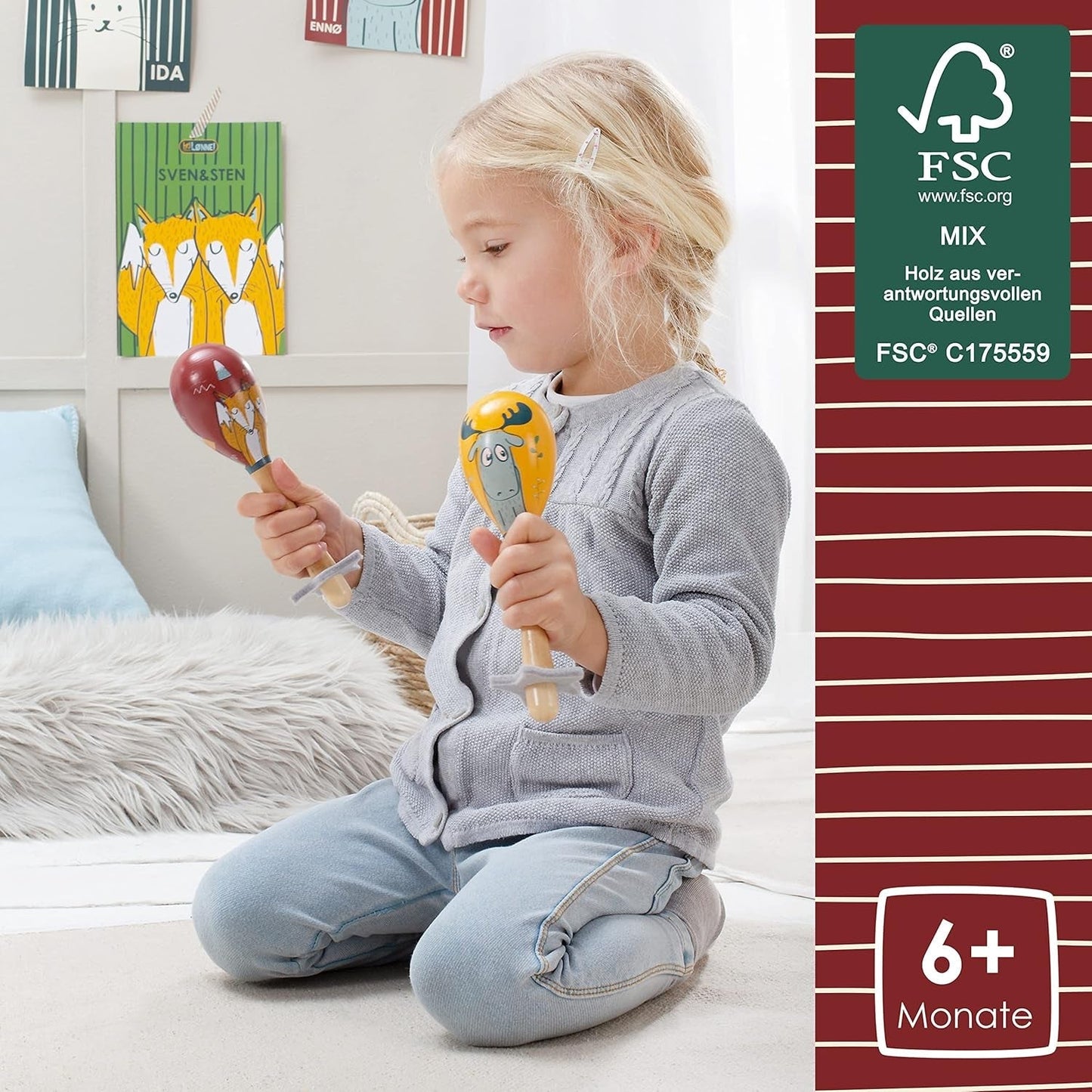 HEJ LØNNE set van 2 houten bellen - Kindermaracas - houten muziekinstrument ter bevordering van de motoriek, coördinatie en sociaal gedrag - houten bel voor kinderen - kinderspeelgoed Speelgoed Bebe Naty Shop