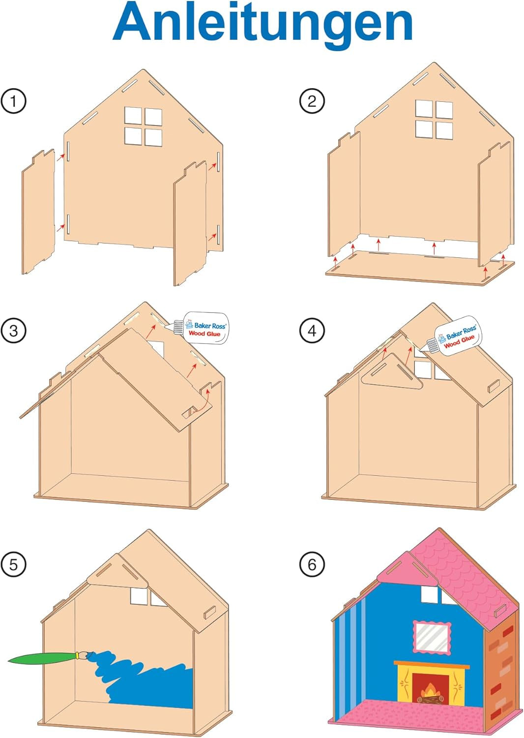 Baker Ross FN199 Bouw je eigen houten poppenhuis - 1-delig poppenhuisbouwpakket voor kinderknutselset