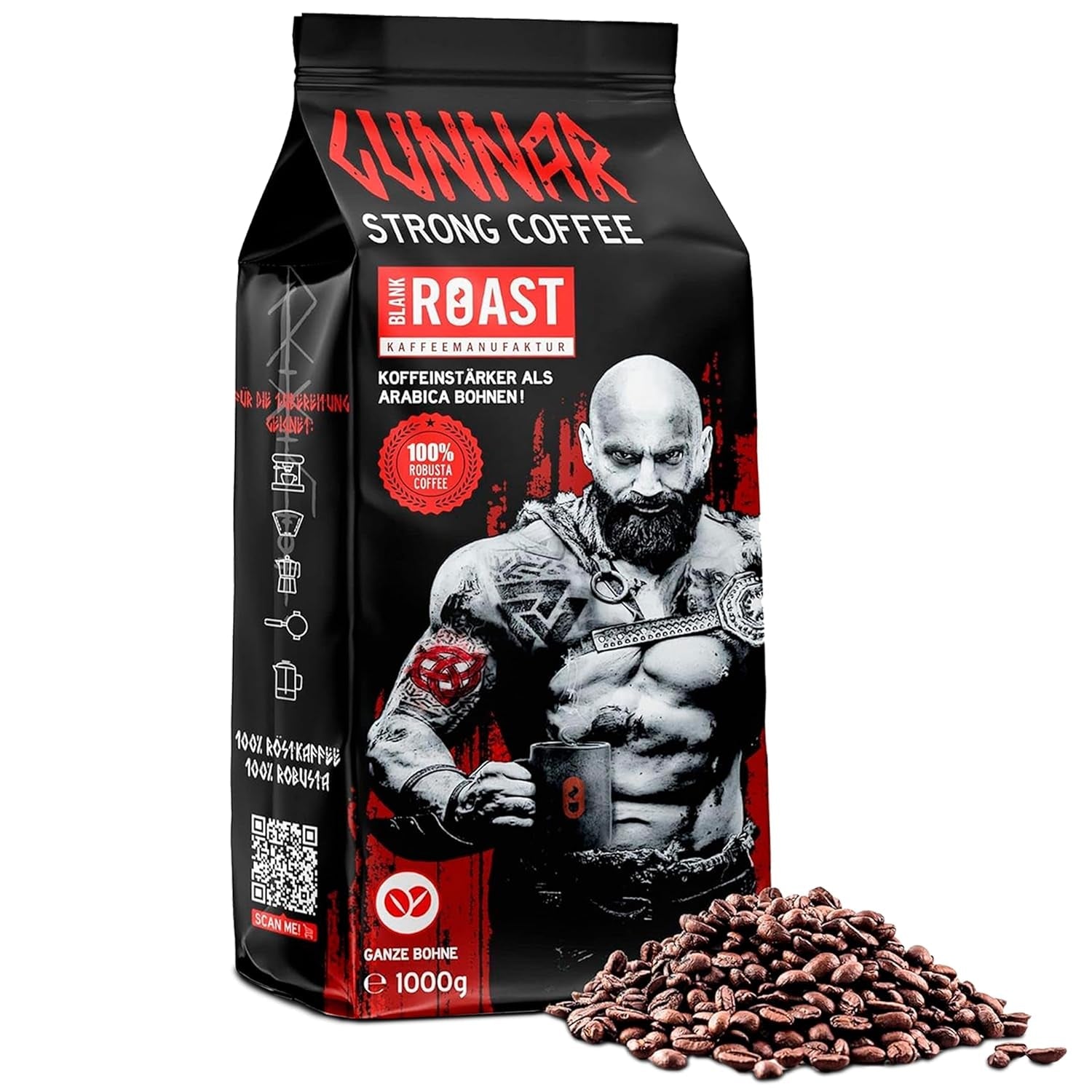 Blank Roast - GUNNAR - 1kg - Heel Kaffee-Bohnen Extra Sterk - Kräftige Robusta-Röstung - 494mg Kaffein je Tasse - Würzig & Kraftvoll mit Noten von dunkler Schokolade - Säurearm
