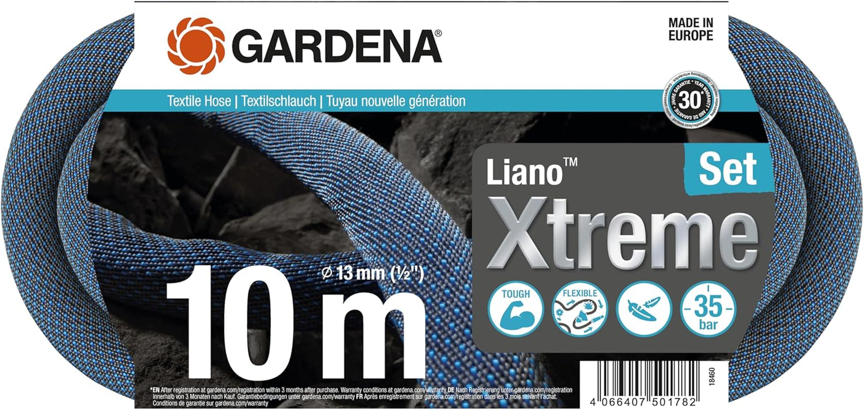 Gardena Liano Xtreme 1/2 Inch 10m Set: Extreem robuuste textiel tuinslang voor binnenkranen met lichtgewicht, weerbestendige PVC binnenslang (18460-20)