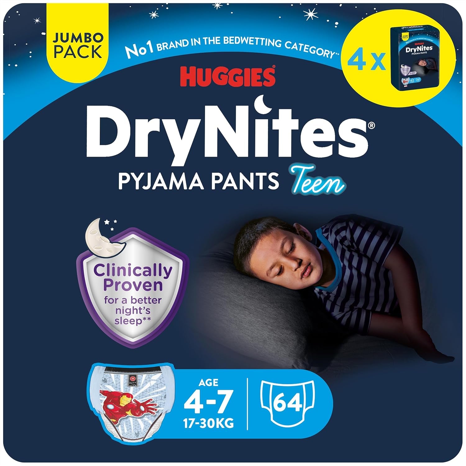 DryNites absorberende nachtelijke bedplassenluiers voor jongens 4-7 jaar (17-30 kg), jumbo maandpakket, 64 stuks