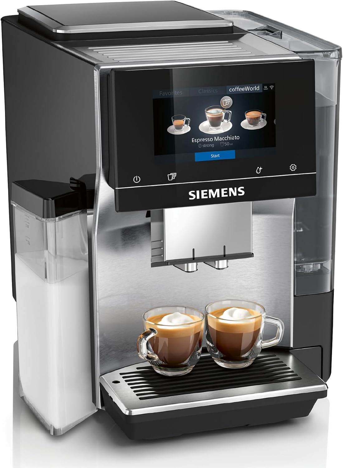 Siemens EQ700 volautomatische espressomachine, groot kleuren TFT scherm, 36 warme en koude dranken, cold brew, 2 kops functie, app bediening, automatisch reinigingssysteem, zwart RVS, TQ717D03