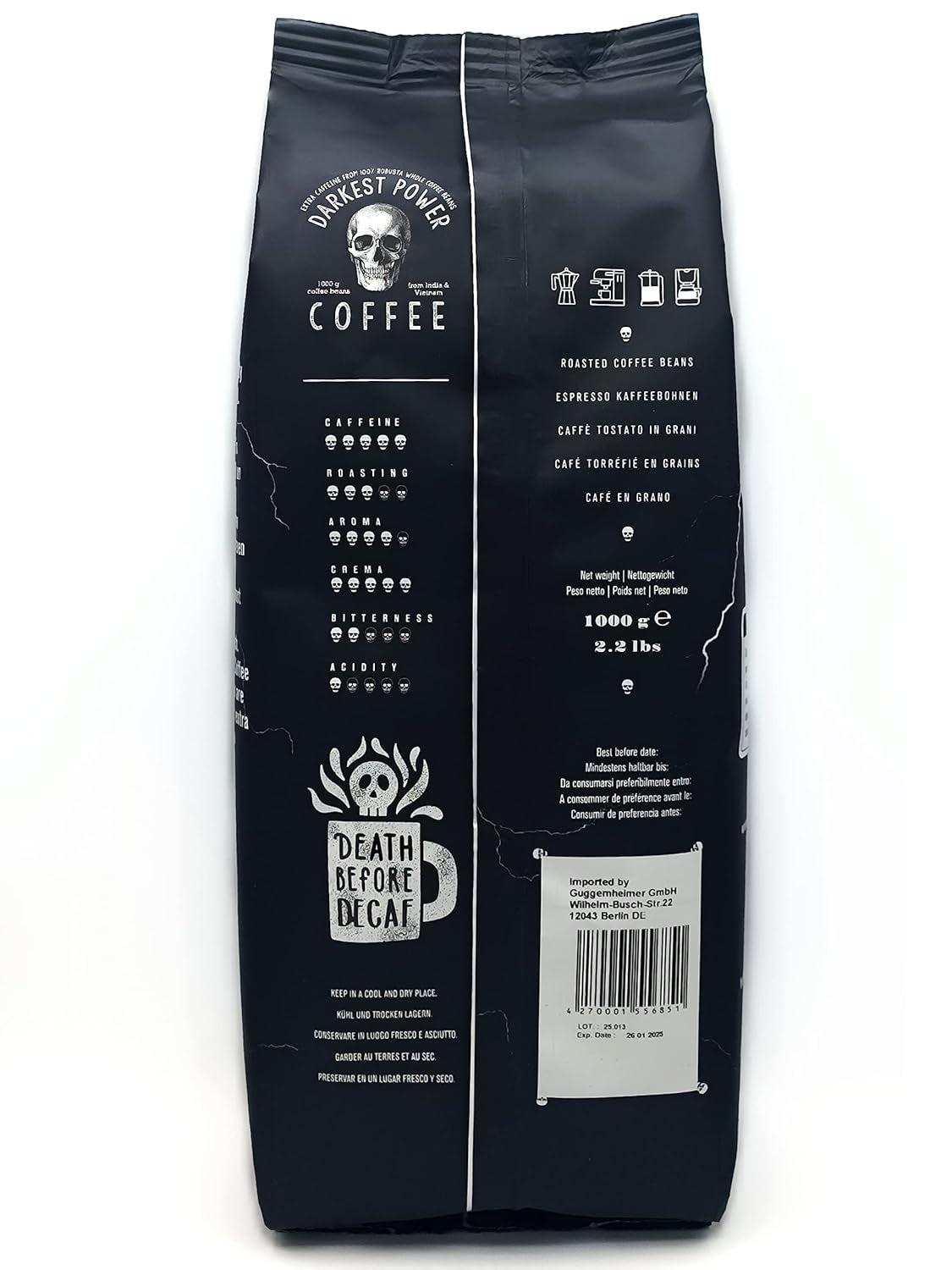 | Kaffeebohnen extra sterk | Espresso 100% Robusta | viel Kaffein wenig Säure | 1000g ganze Kaffee Bohnen | geigeint für Volautomatisch | met Zufriedenheitsgarantie