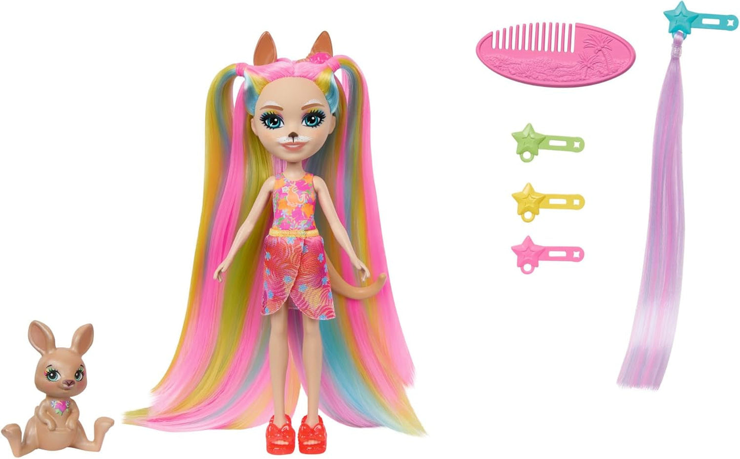 Enchantimals-poppen, Sunshine Beach Deluxe haarpop en dierenvriend, kleine pop met afneembare rok en accessoires, kindercadeaus, HTJ70 Naty Shop-poppen Standaardtitel