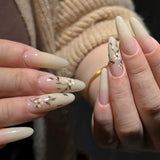 24 stuks lange druk op nagels doodskist kunstnagels vlinder bloem zelfklevende nagels wit bruin acryl nagel set nagel tips vrouwen lente zomer nagel accessoires