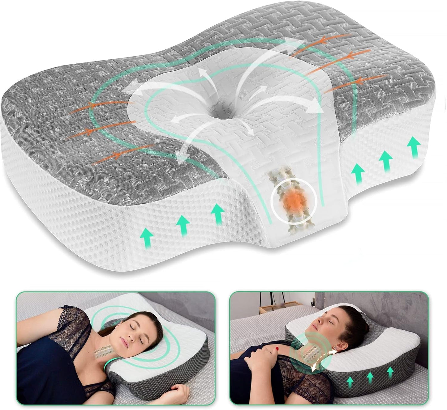 Elviros Memory Foam Orthopedisch kussen Nekpijnkussen Slaapkussen Ergonomisch nekkussen Neksteunkussen Anti-snurkkussen voor zijslapers Buikslapers Wit Cervicale orthopedische kussens Naty Shop Grijs 60 X 38,6 X 9,9/13,5 Cm