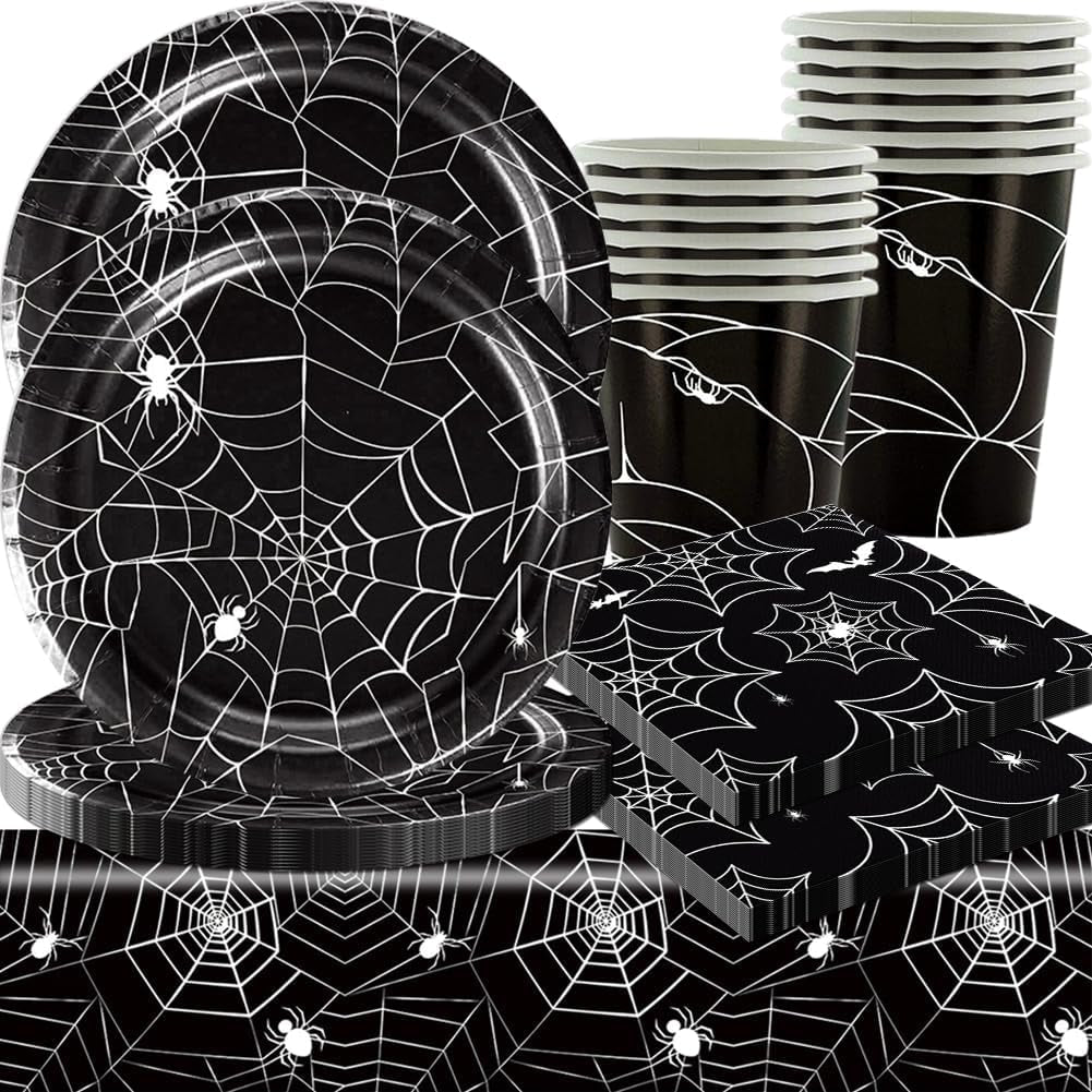49-delige Halloween Spider papieren bestekset inclusief borden, servetten, glazen en tafelkleed. Zwart servies bestaande uit dessertborden, servetten en glazen.