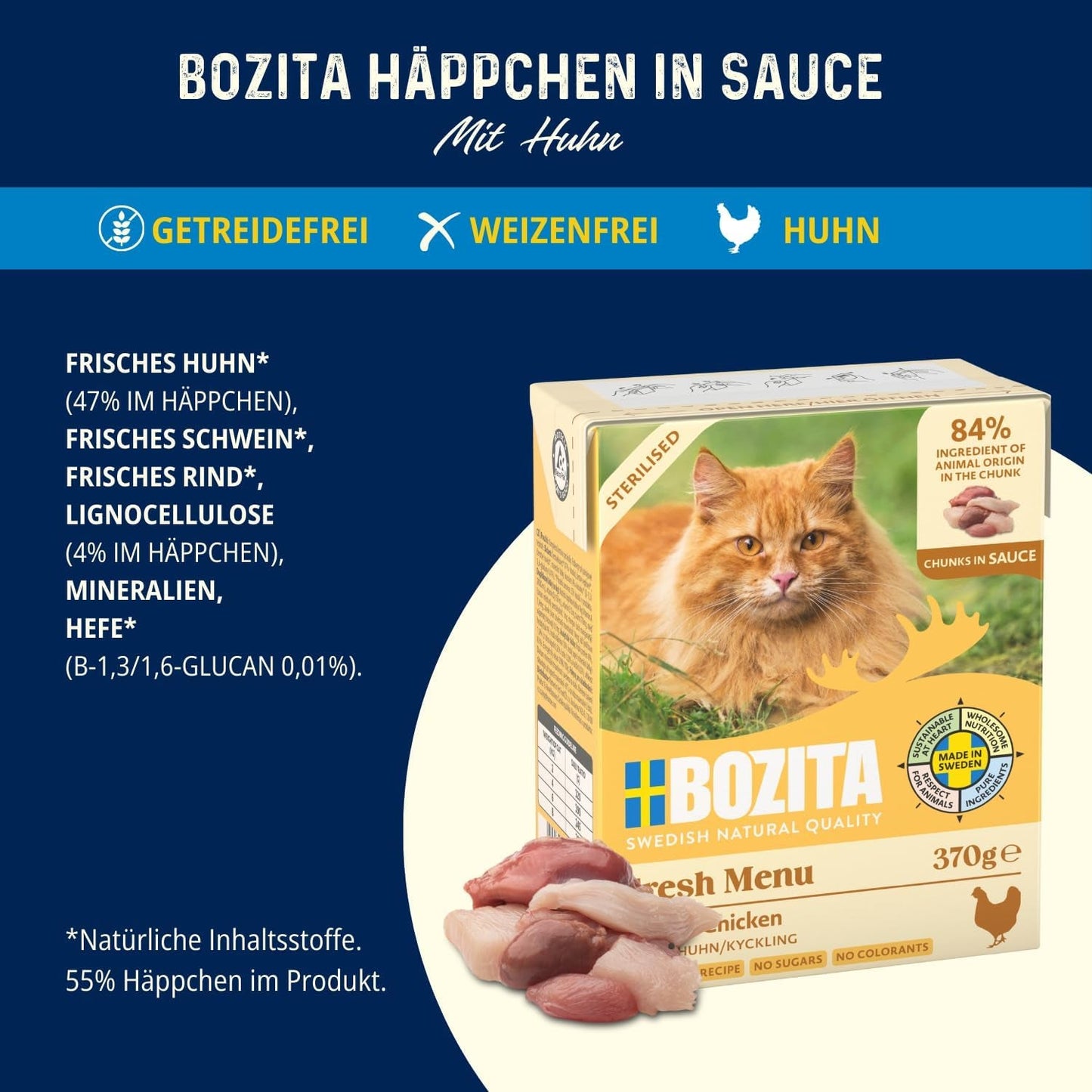 Bozita Tetra gesteriliseerde stukjes in saus met veel kip - 6 x 370 g nat graan- en suikervrij kattenvoer - niet-GMO, met 8,5% eiwit en 4,5% vet - hoge kwaliteit en extreem smakelijk