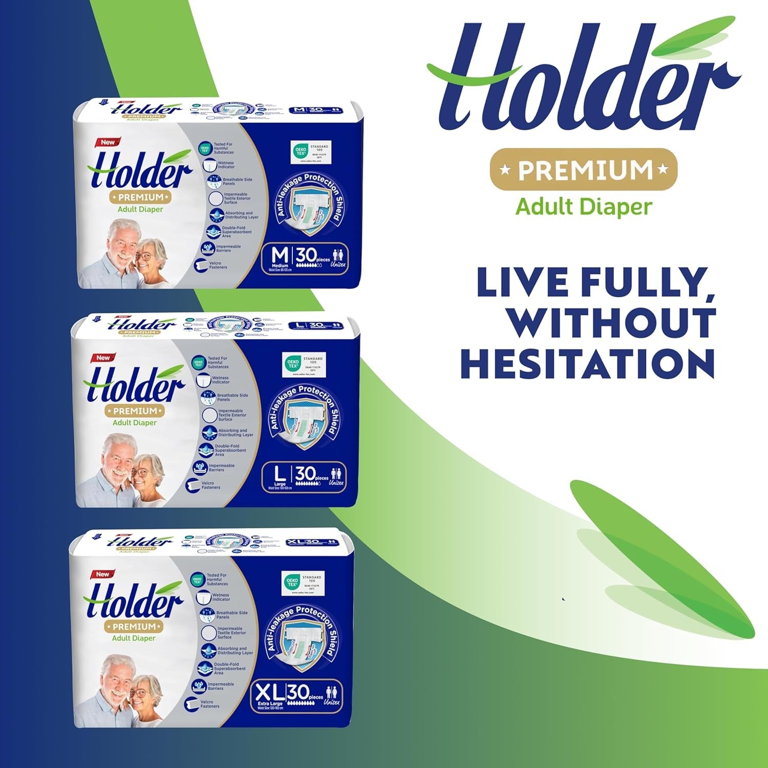 Wegwerpluiers voor volwassenen, unisex, waterdicht, absorberend, elastisch, zijkant, ademend, superabsorberend, dubbellaags, vochtindicator, 5-sterren dermatologische bescherming, medium
