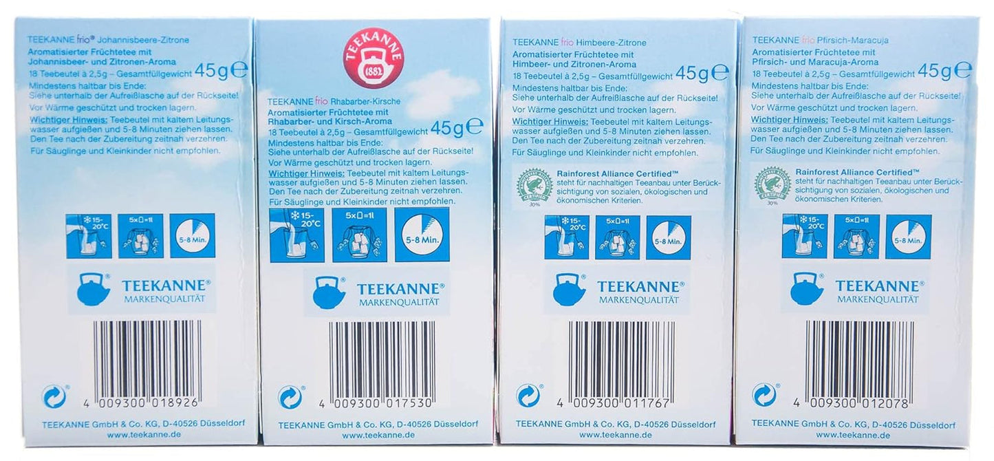Teekanne Frio 4 stuks, rabarber-kers, bes-citroen, framboos-citroen, perzik-maracuja (4 x 45 g)