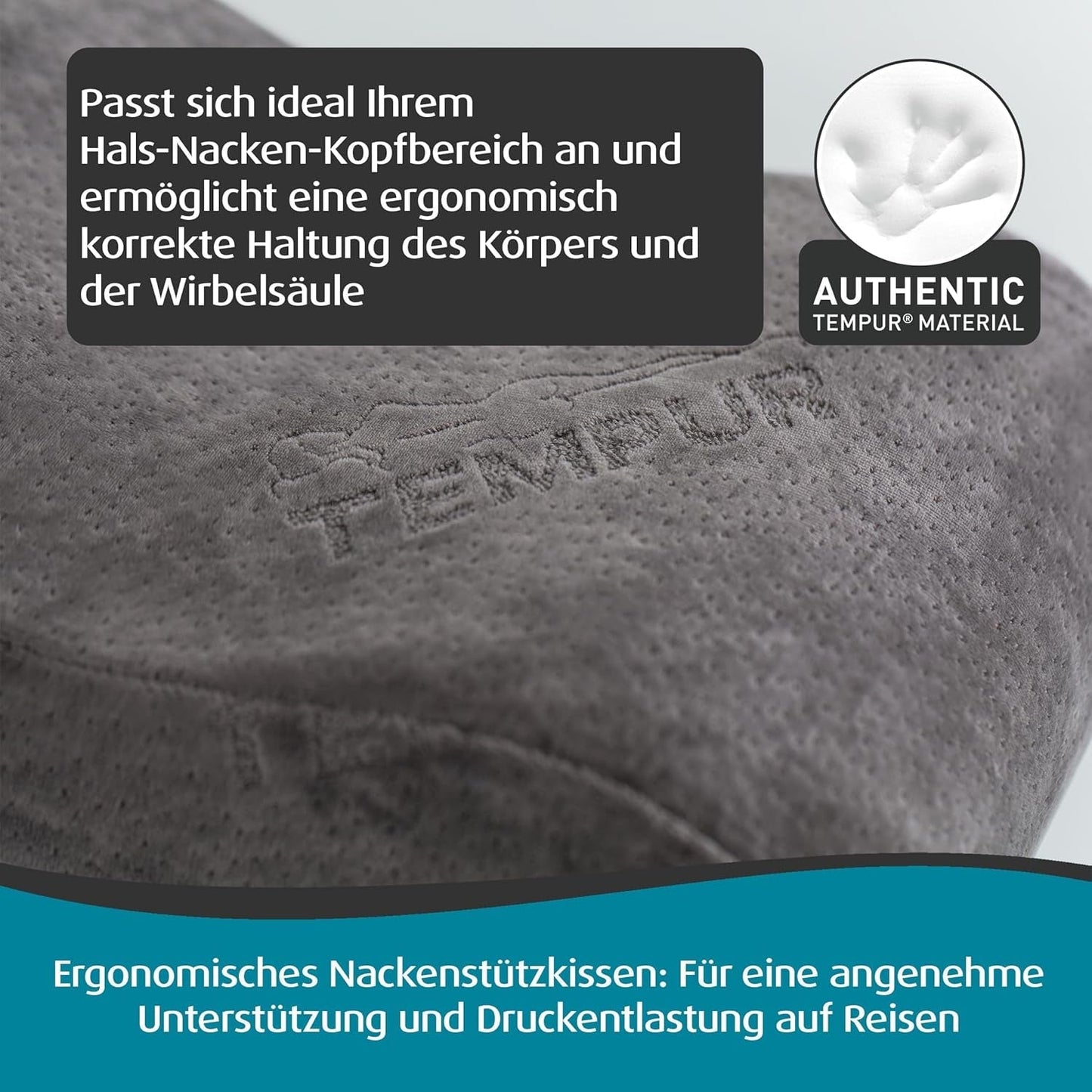 TEMPUR Memory Foam reiskussen, ergonomisch nekkussen, inclusief draagtas, antraciet, afmetingen 25 x 31 x 10/7 cm