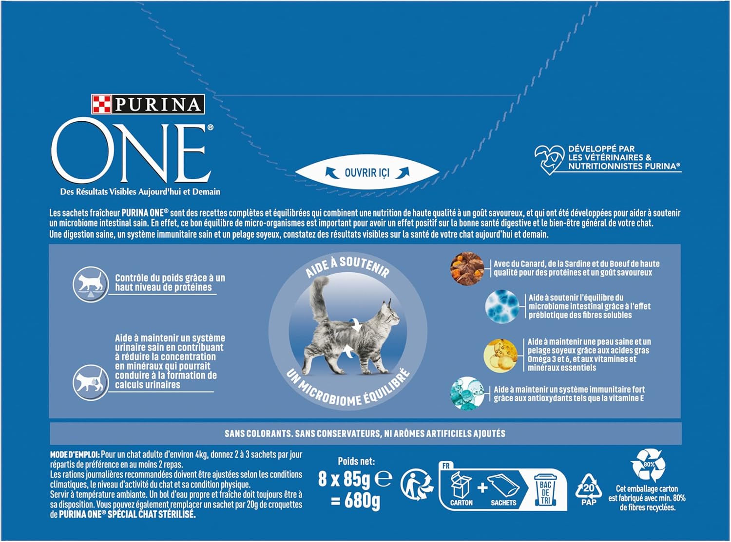 PURINA EEN | BIFENSIS | Voer voor gesteriliseerde volwassen katten | Ondersteunt de vitaliteit, botten, spieren en gewrichten van de kat | In saus | Zakjes met eend, sardines, rundvlees, versheid | 1 stuk (8 x 85 g)