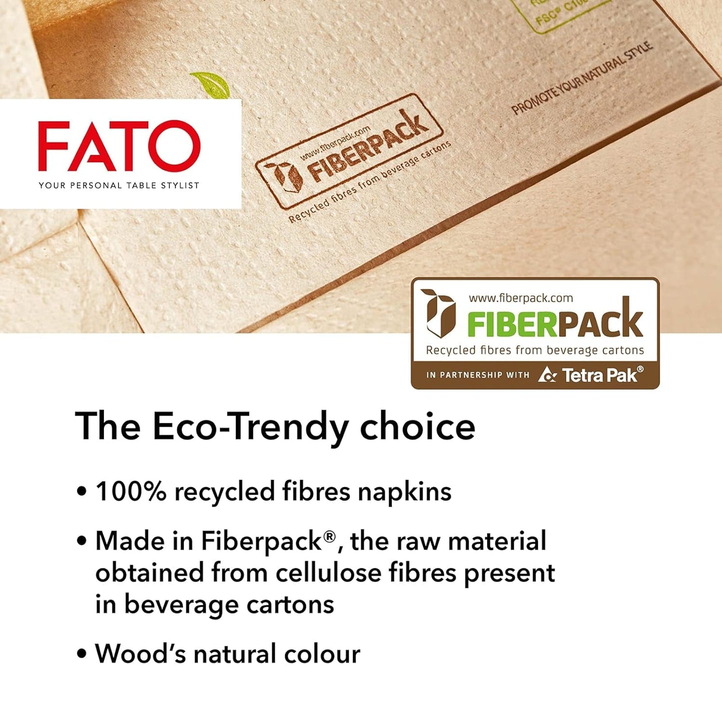 Fato - Natuurlijke 4-voudige wegwerp papieren servetten, milieuvriendelijk, 40 stuks, maat 38X38, 2-laags, 100% gerecycled papier