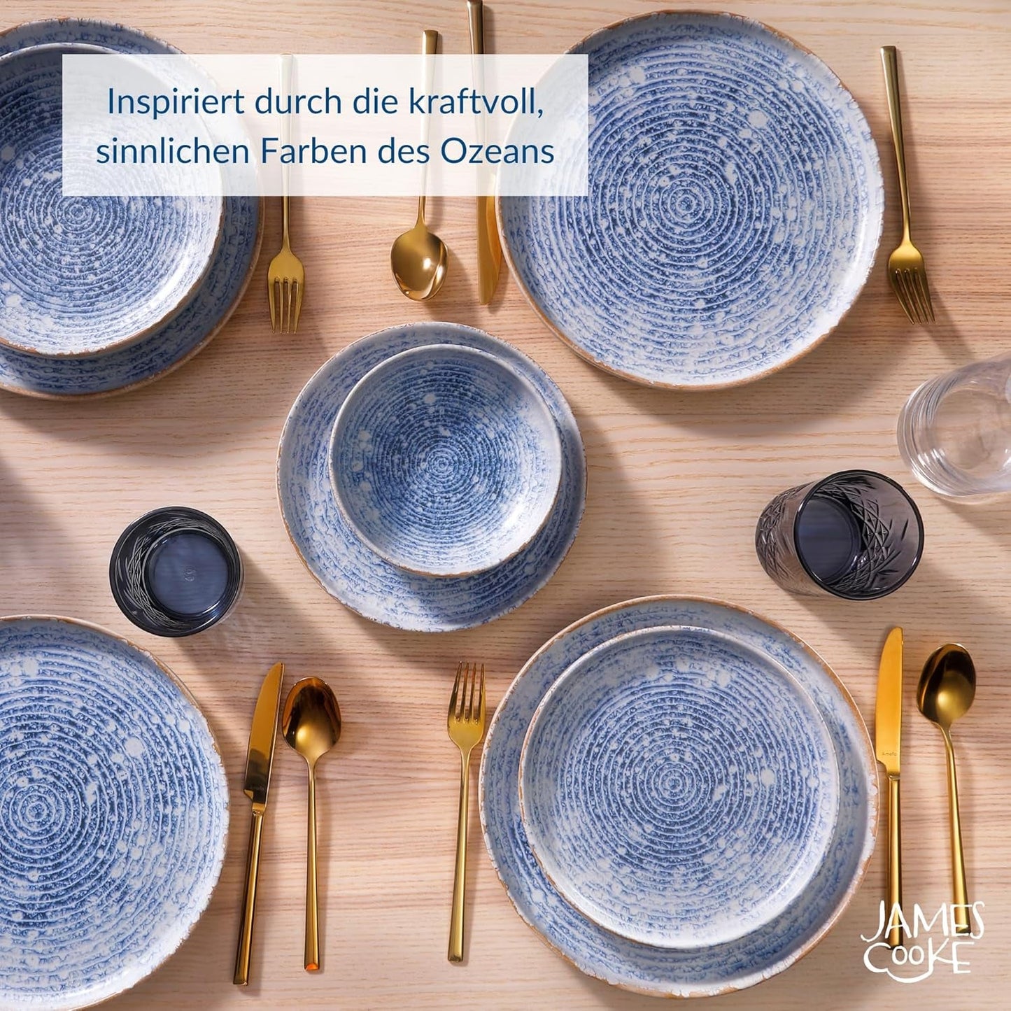Azuurblauwe vintage steengoed serviesset voor 6 - 24 stuks - witte en blauwe strepen, reliëfoppervlak - vaatwasser-, oven- en magnetronbestendig