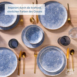 Azuurblauwe vintage steengoed serviesset voor 6 - 24 stuks - witte en blauwe strepen, reliëfoppervlak - vaatwasser-, oven- en magnetronbestendig